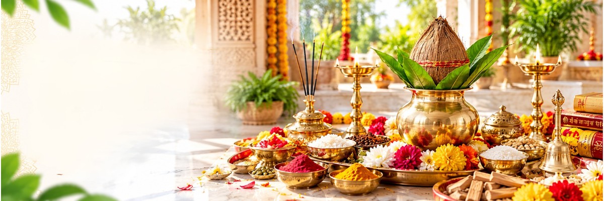 Luxurious arrangement of puja samagri with brass kalash, flowers, kumkum and offerings