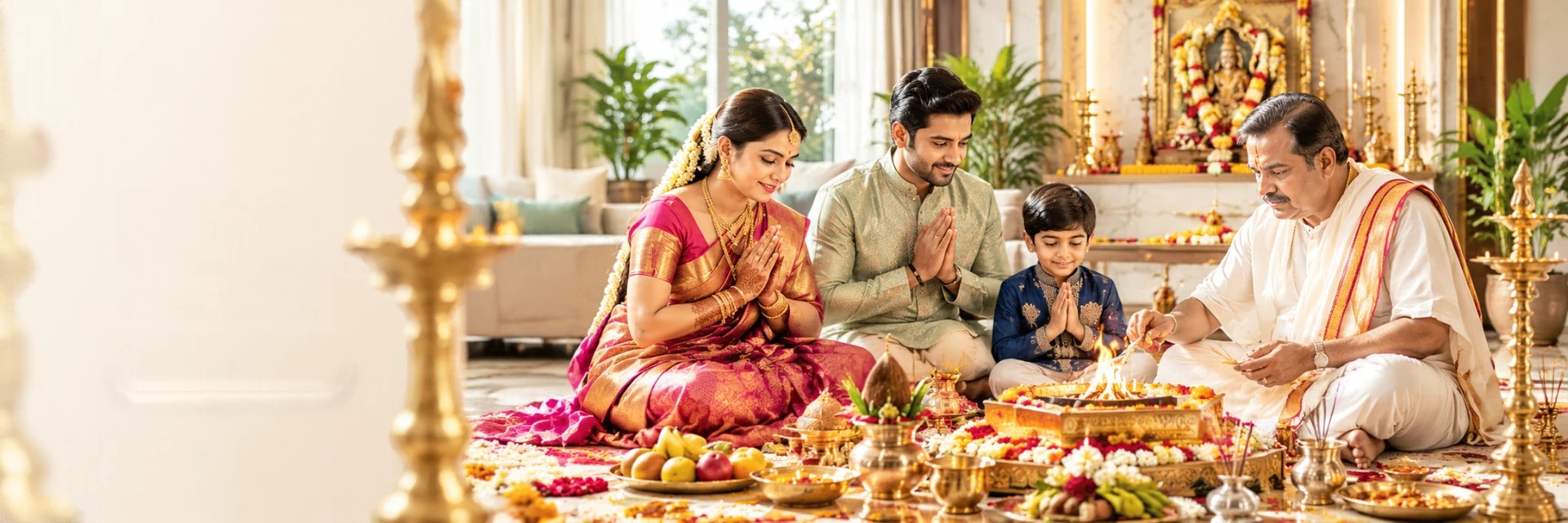 Indian family performing a traditional Hindu puja with a pandit ji, diyas and kalash in a temple