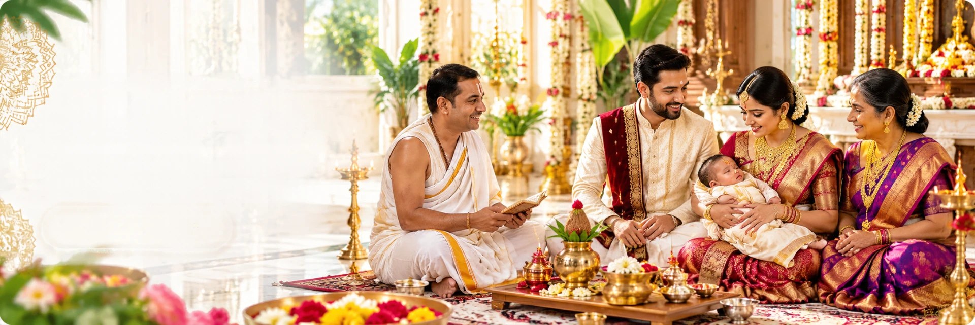Hindu Naamkaran sanskar ceremony with a priest holding a baby surrounded by family