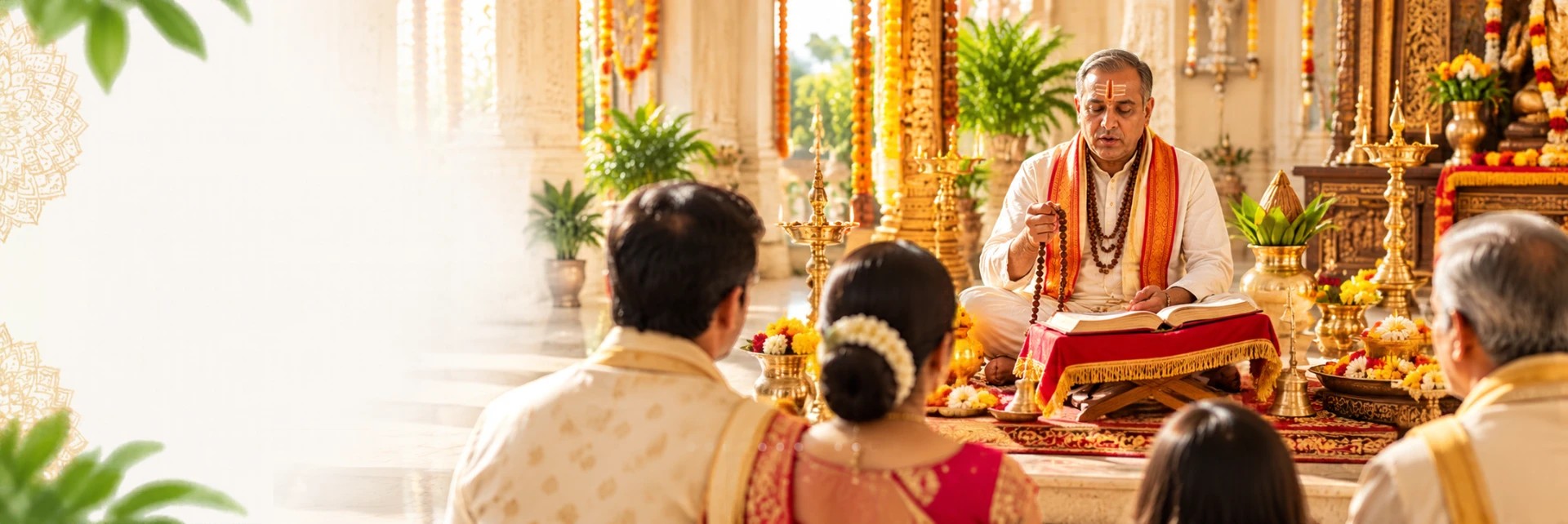 Hand holding a rudraksha mala while chanting mantras in a sunlit temple