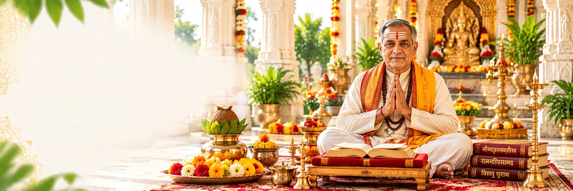 Elderly Vedic pandit ji in saffron attire blessing with folded hands inside a temple