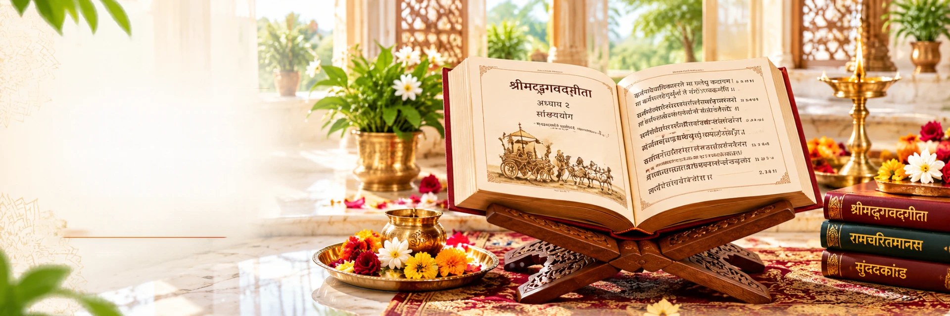 Open Hindu scripture on a wooden stand with rudraksha mala and lit diya
