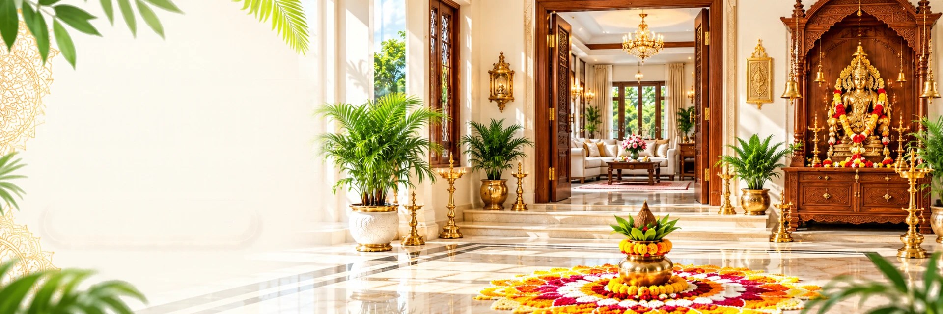 Luxurious Indian home entrance with mandir corner, rangoli and brass kalash