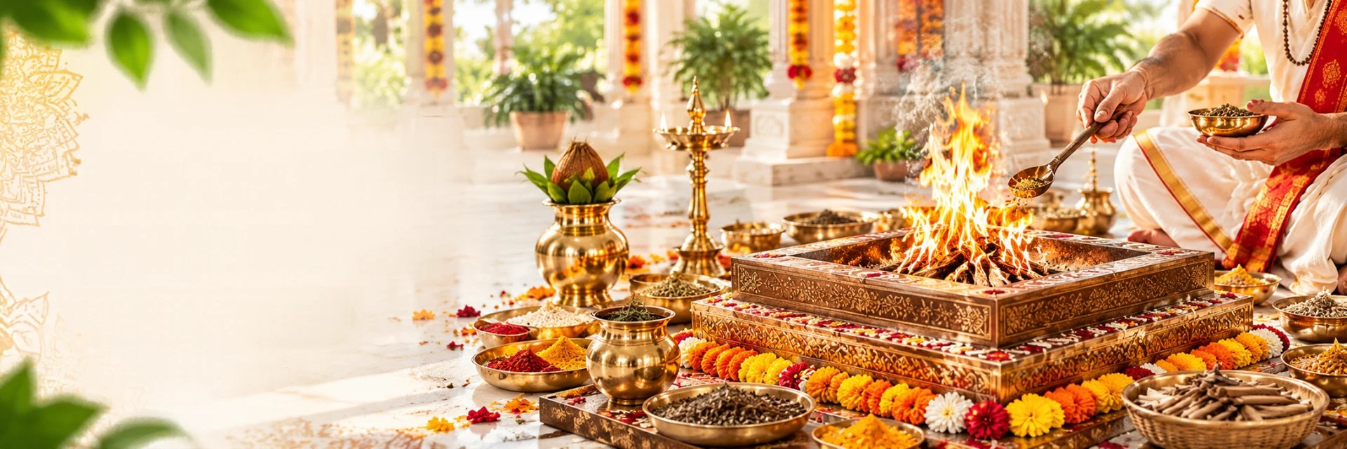 Havan kund with sacred fire and offerings during a Vedic ritual