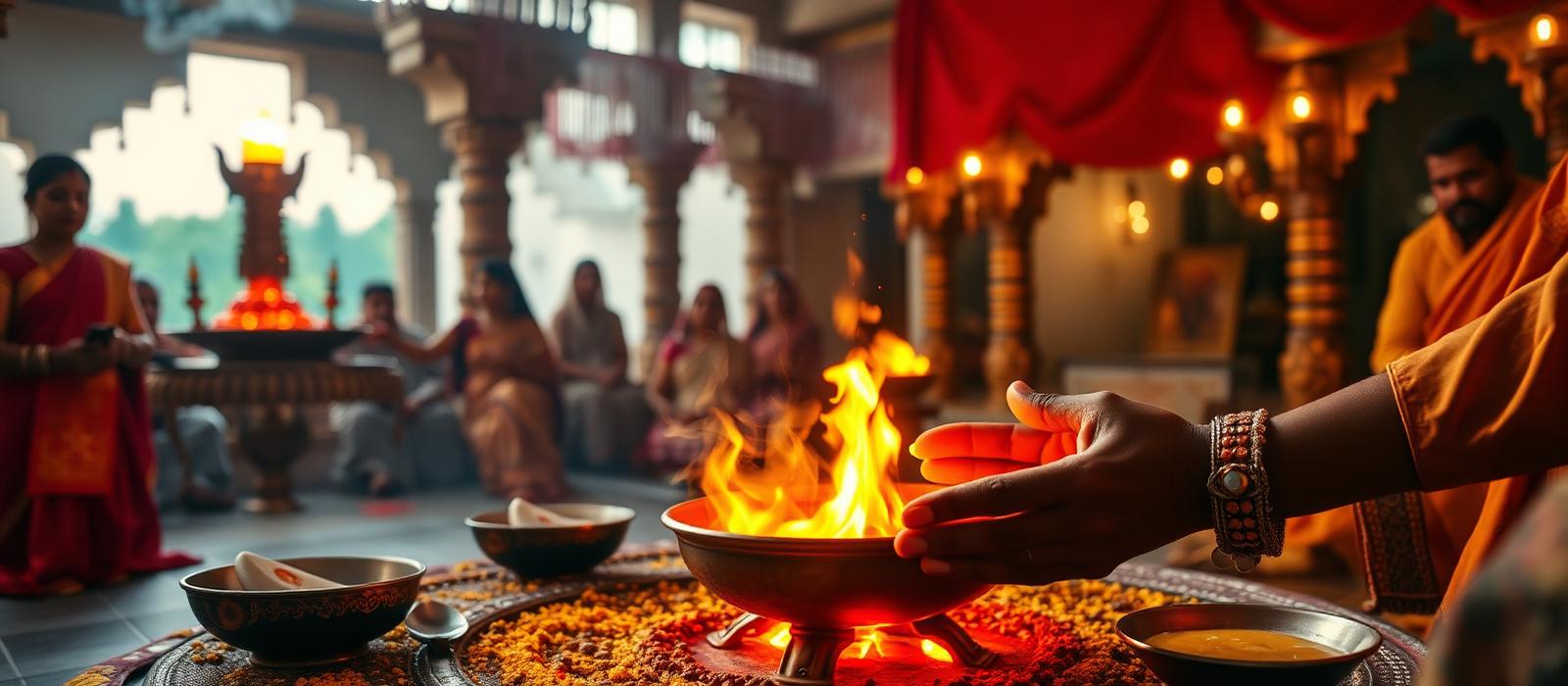Havan kund with sacred fire and offerings during a Vedic ritual