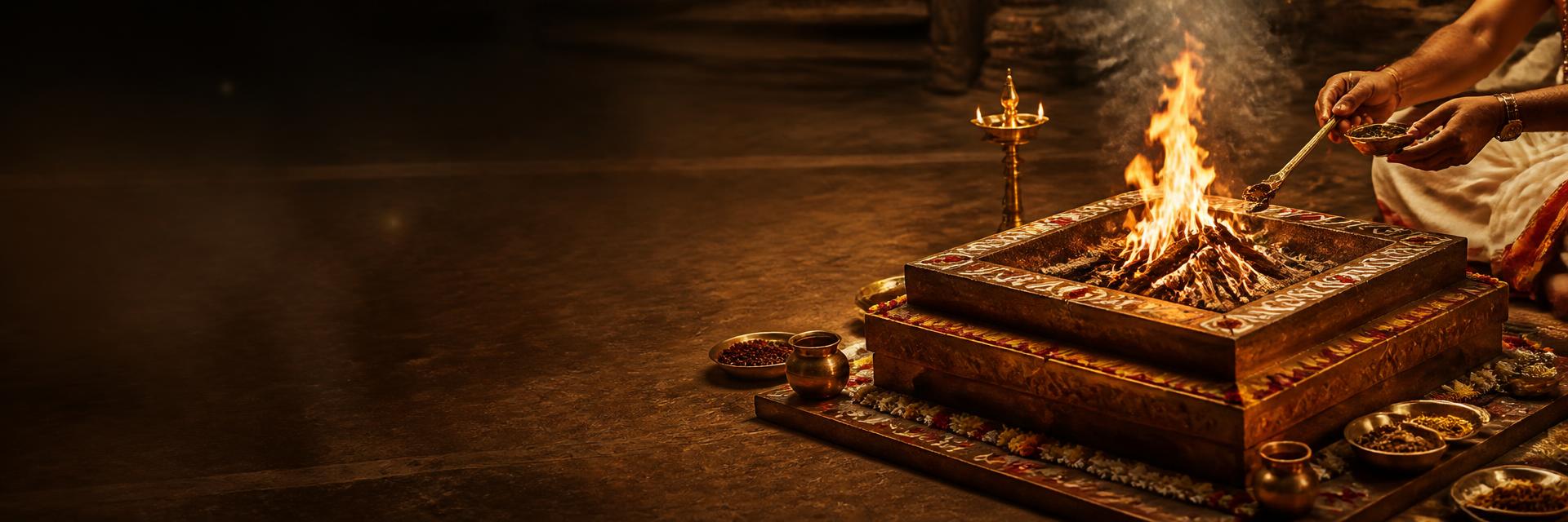 Havan kund with sacred fire and offerings during a Vedic ritual