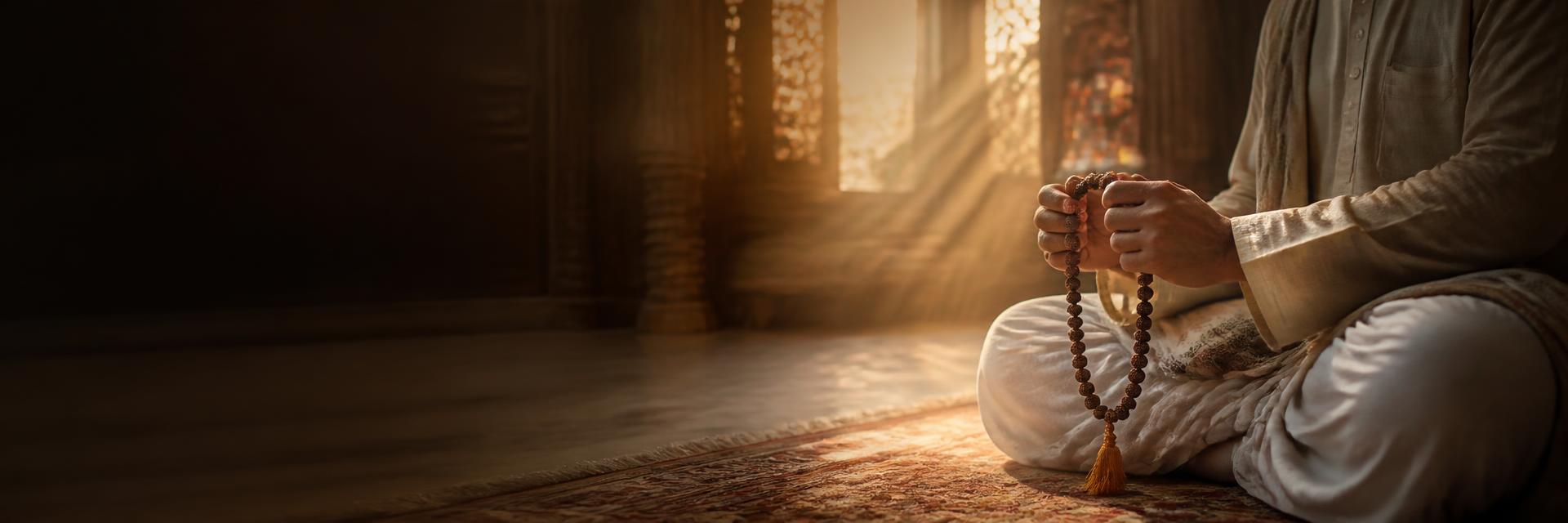 Hand holding a rudraksha mala while chanting mantras in a sunlit temple