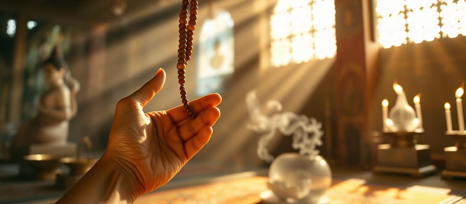 Hand holding a rudraksha mala while chanting mantras in a sunlit temple