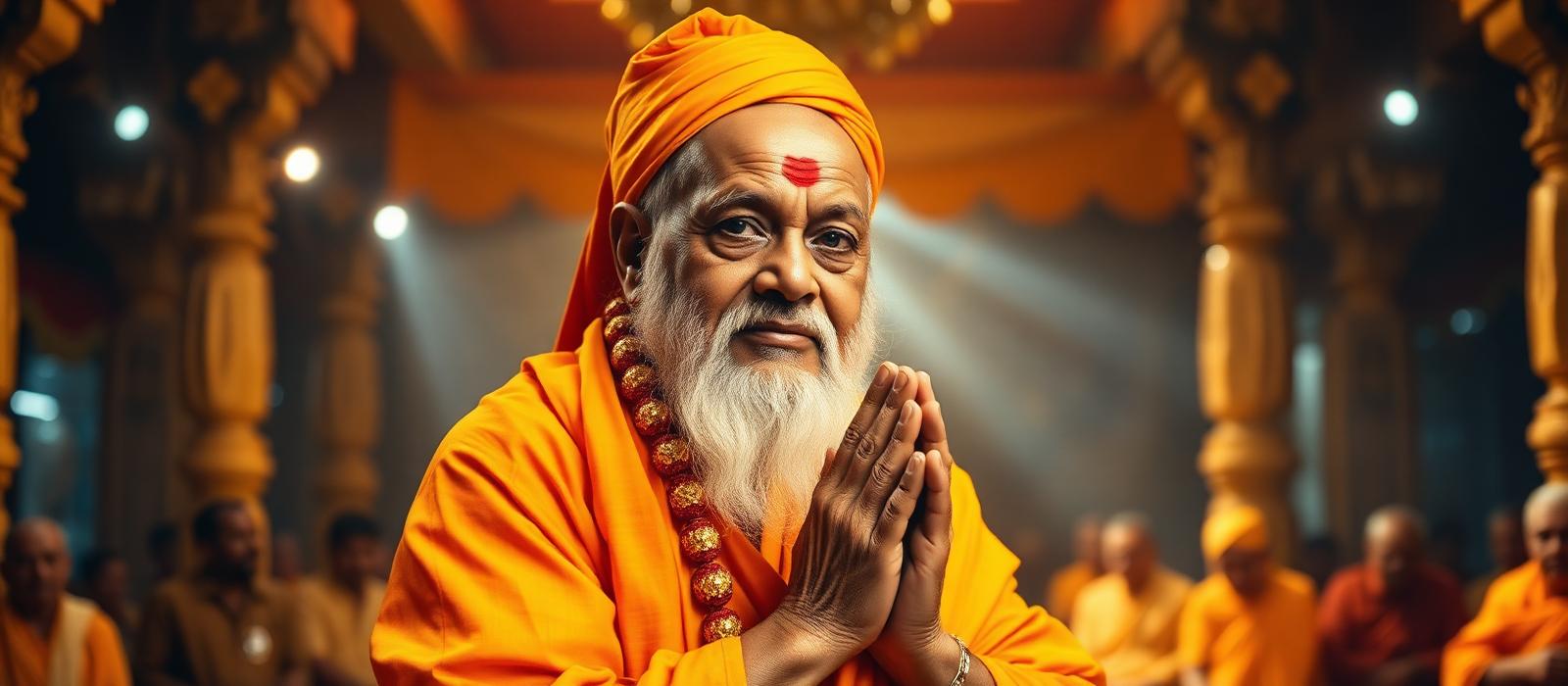 Elderly Vedic pandit ji in saffron attire blessing with folded hands inside a temple
