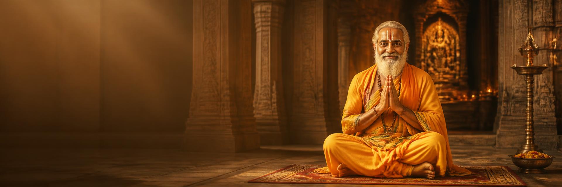 Elderly Vedic pandit ji in saffron attire blessing with folded hands inside a temple