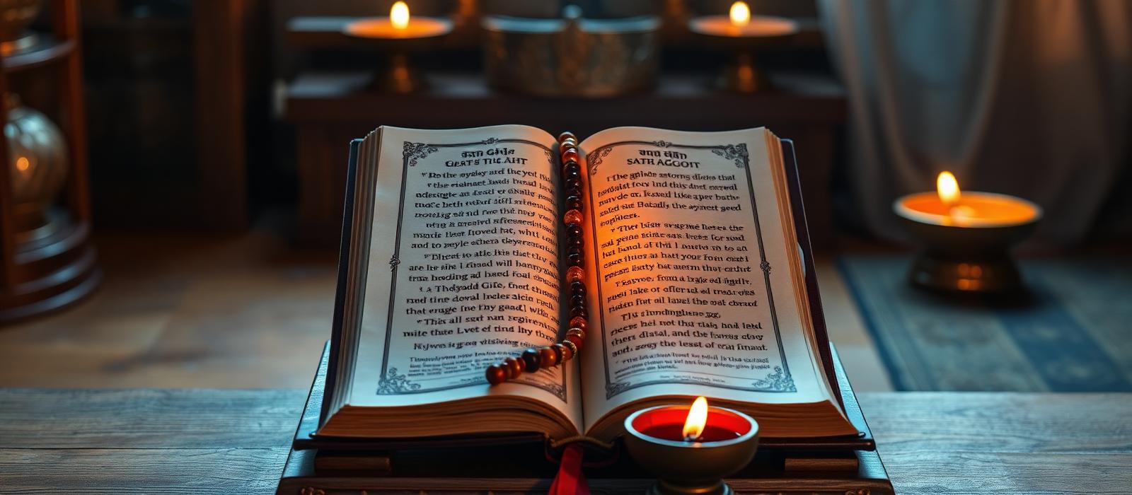 Open Hindu scripture on a wooden stand with rudraksha mala and lit diya