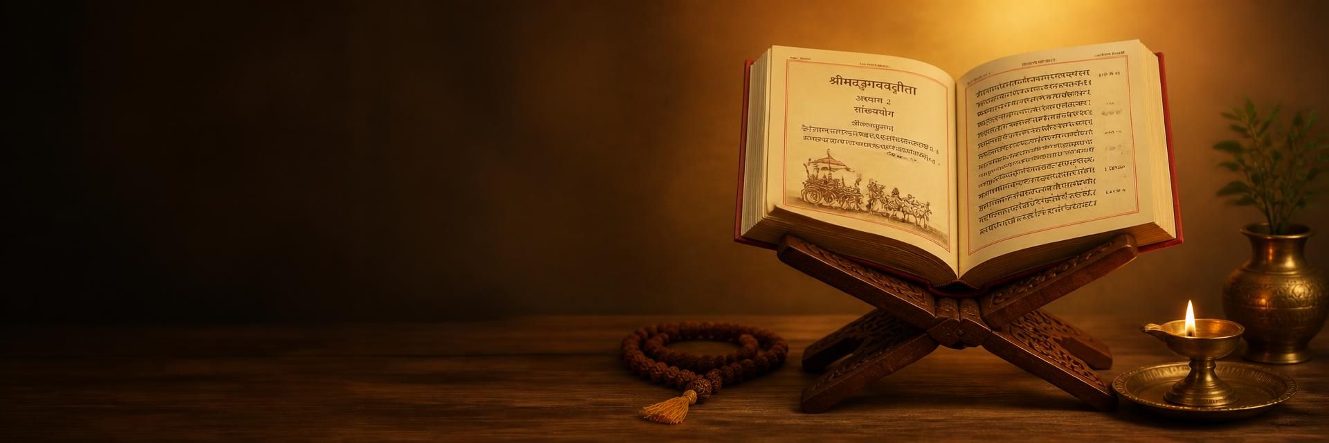 Open Hindu scripture on a wooden stand with rudraksha mala and lit diya