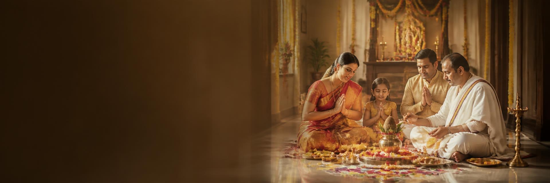 Indian family performing a traditional Hindu puja with a pandit ji, diyas and kalash in a temple