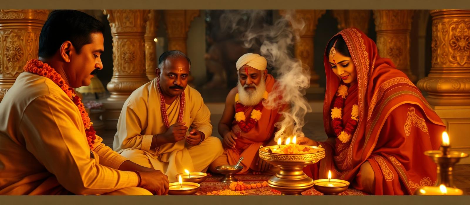 Indian family performing a traditional Hindu puja with a pandit ji, diyas and kalash in a temple