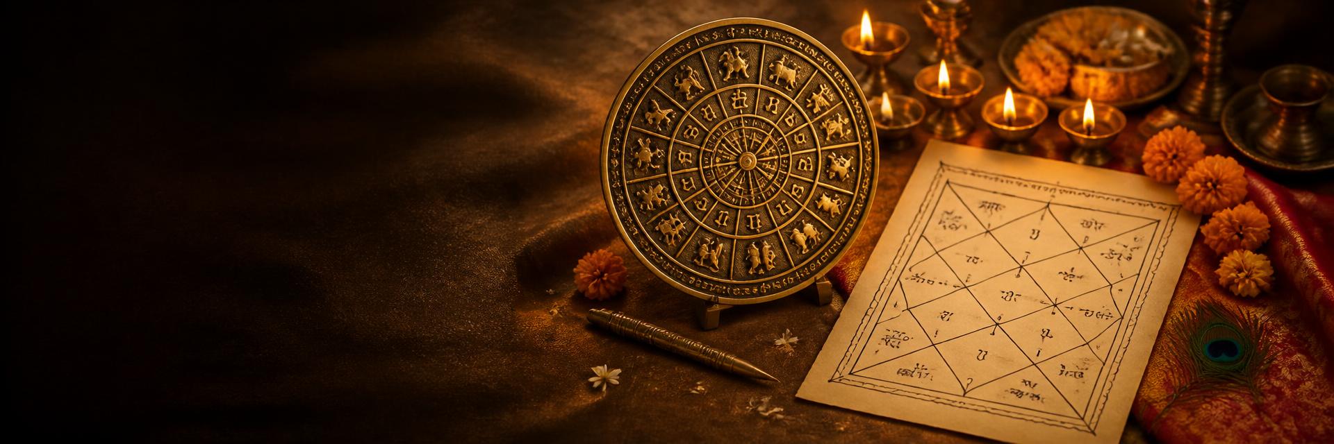 Brass zodiac wheel with hand-drawn kundli chart, diyas and golden silk in a Vedic astrology setting