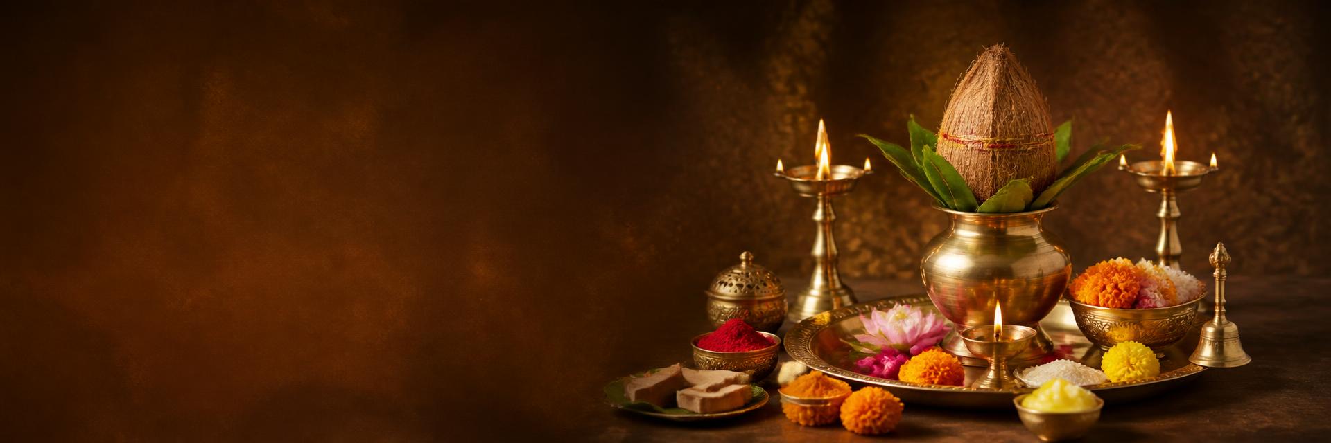 Luxurious arrangement of puja samagri with brass kalash, flowers, kumkum and offerings