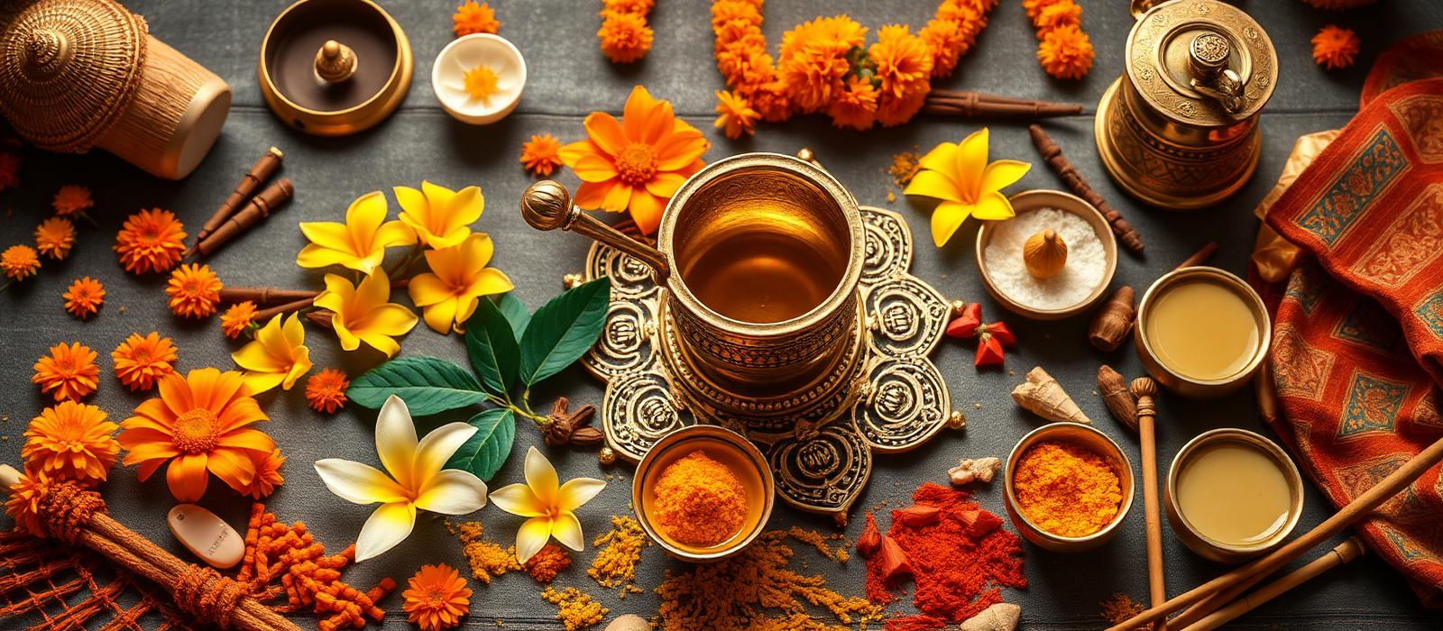 Luxurious arrangement of puja samagri with brass kalash, flowers, kumkum and offerings