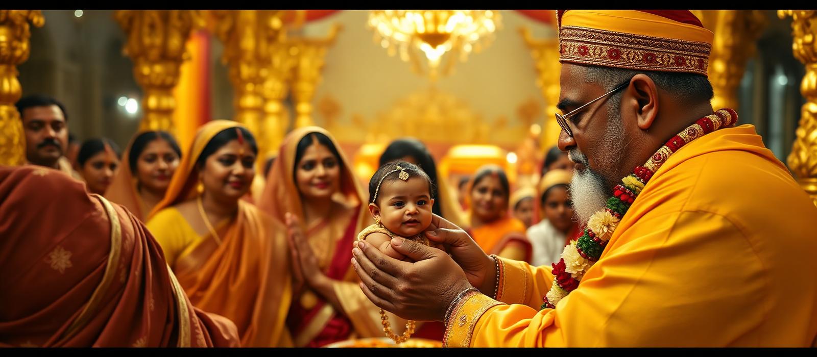 Hindu Naamkaran sanskar ceremony with a priest holding a baby surrounded by family