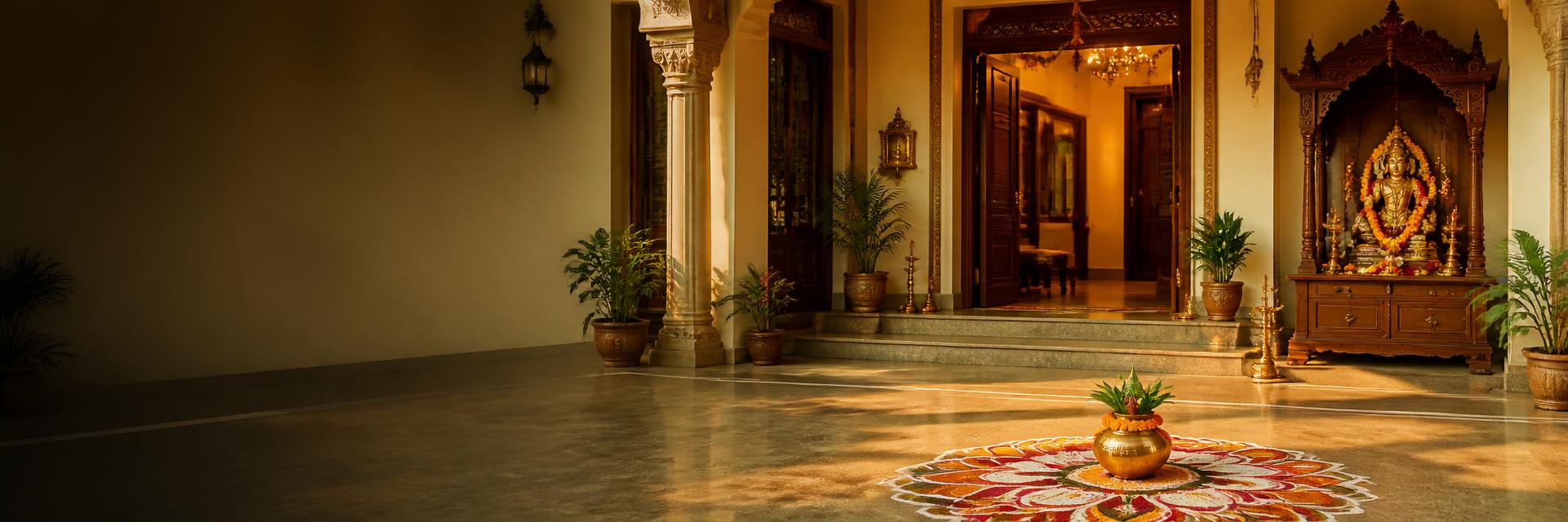 Luxurious Indian home entrance with mandir corner, rangoli and brass kalash