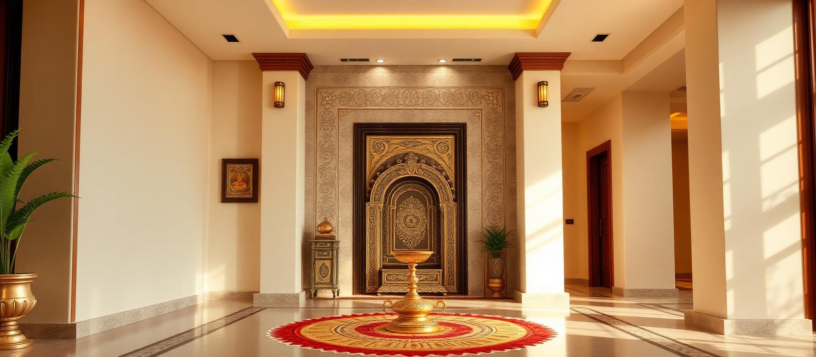 Luxurious Indian home entrance with mandir corner, rangoli and brass kalash