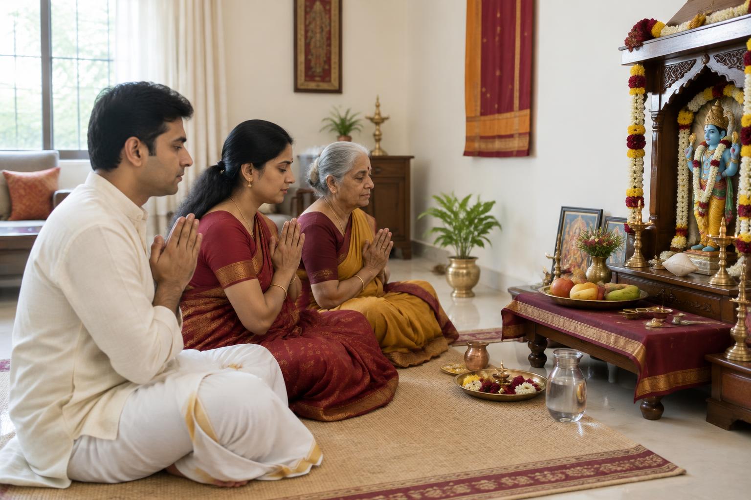 Devotional illustration of a family praying beside a home altar