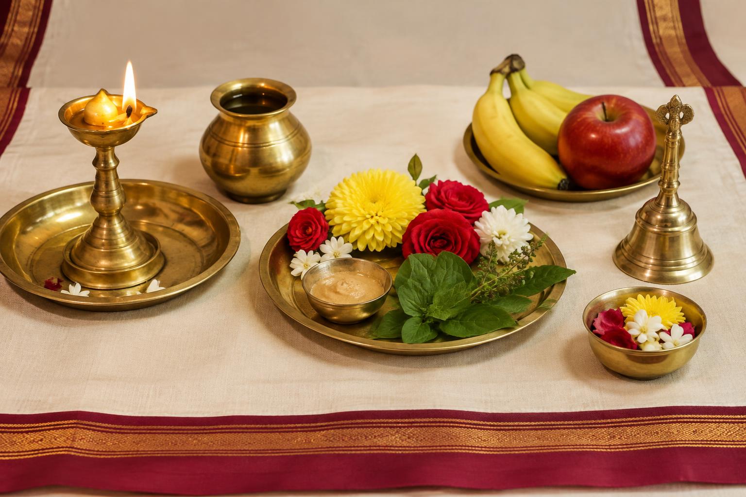 Devotional illustration of flowers, fruits, clean water and a safely placed diya