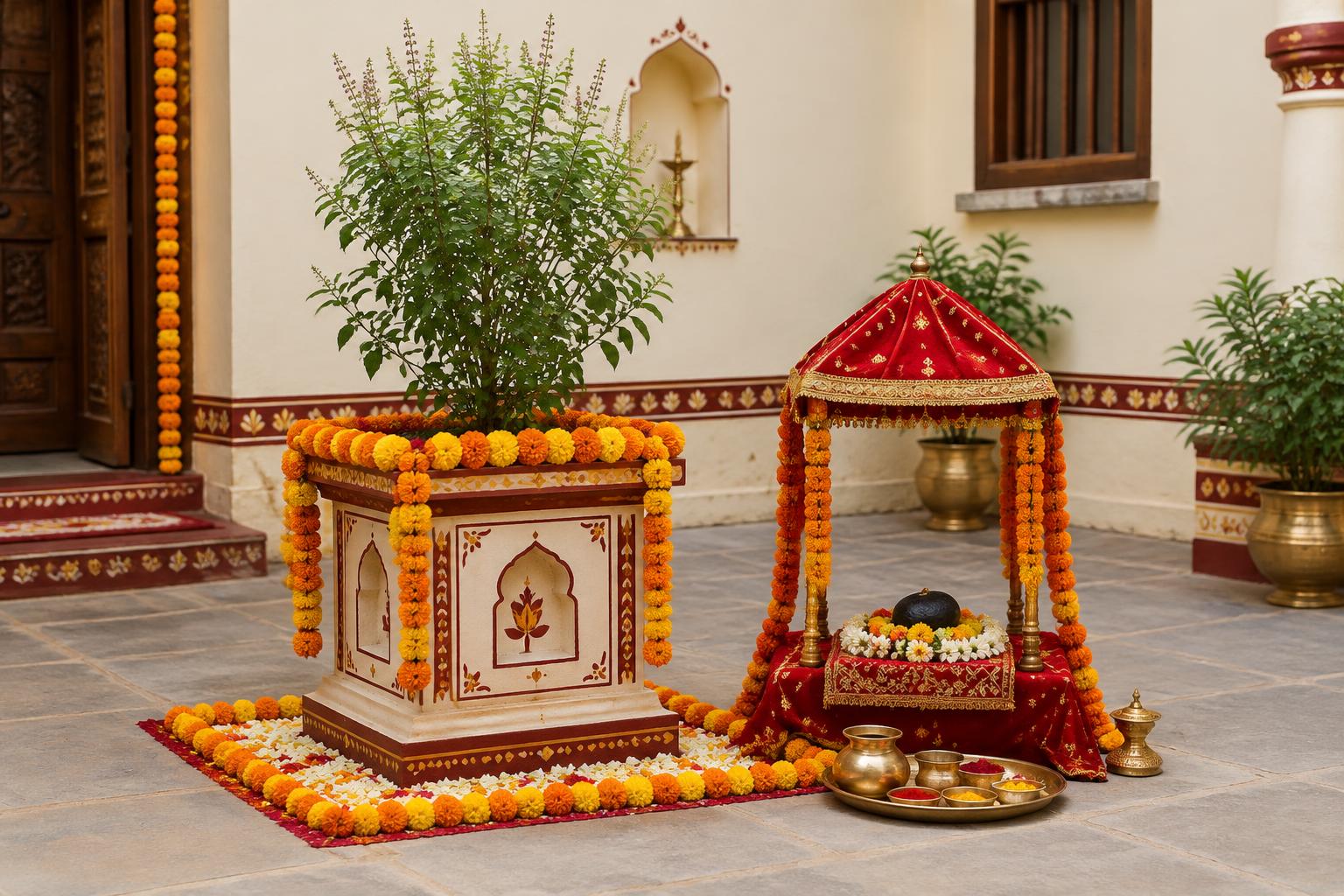 Devotional illustration of a decorated Tulsi plant and ceremonial worship arrangement