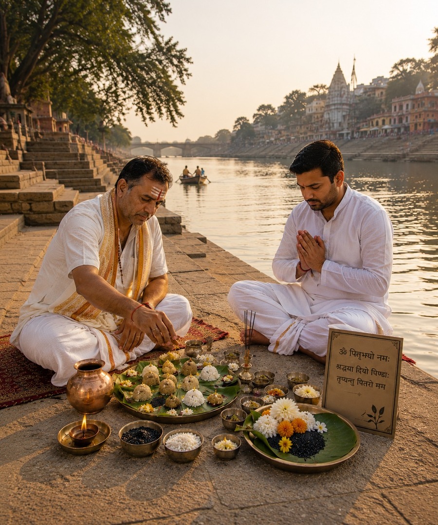 Existing image: a priest and a man in white seated at a riverside ghat with a copper water vessel, lit diya, black sesame, rice and leaf plates of offerings